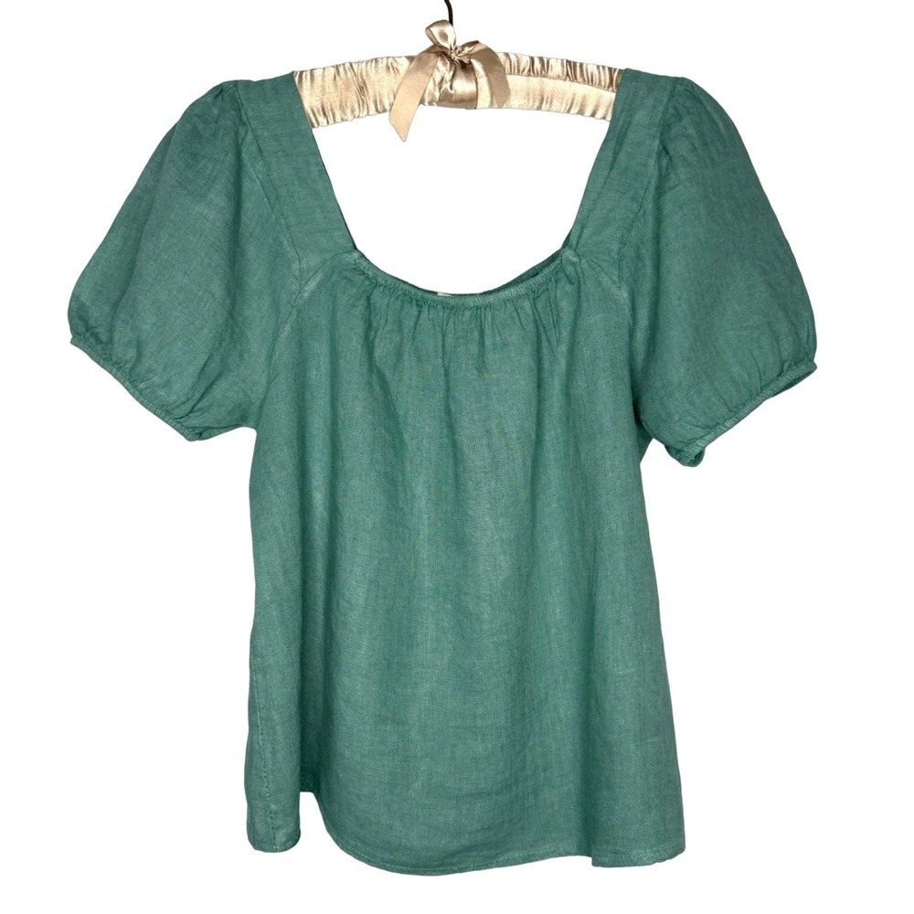 Bellambra Small 100% Linen Square‎ Neck Puff Sleeve Top Blouse Made In Italy